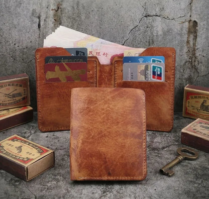 Ultra-Durable Men's Leather Short Wallet, Scratch-Resistant Hand-Rubbed Top Grain Leather Card Holder, Minimalist Travel Wallet