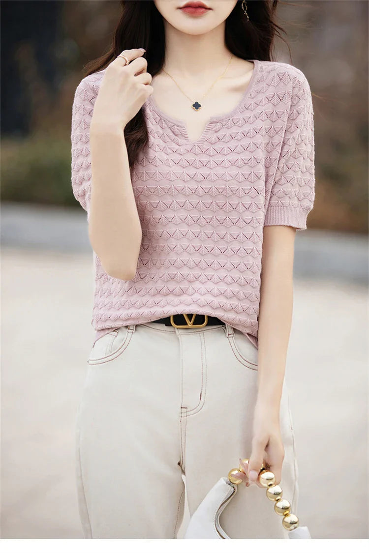 Women's T-shirt Summer New 100% Pure Cotton Tees Casual Solid Knitted Short sleeved V-neck Pullover Loose Tops Fashion Sweater