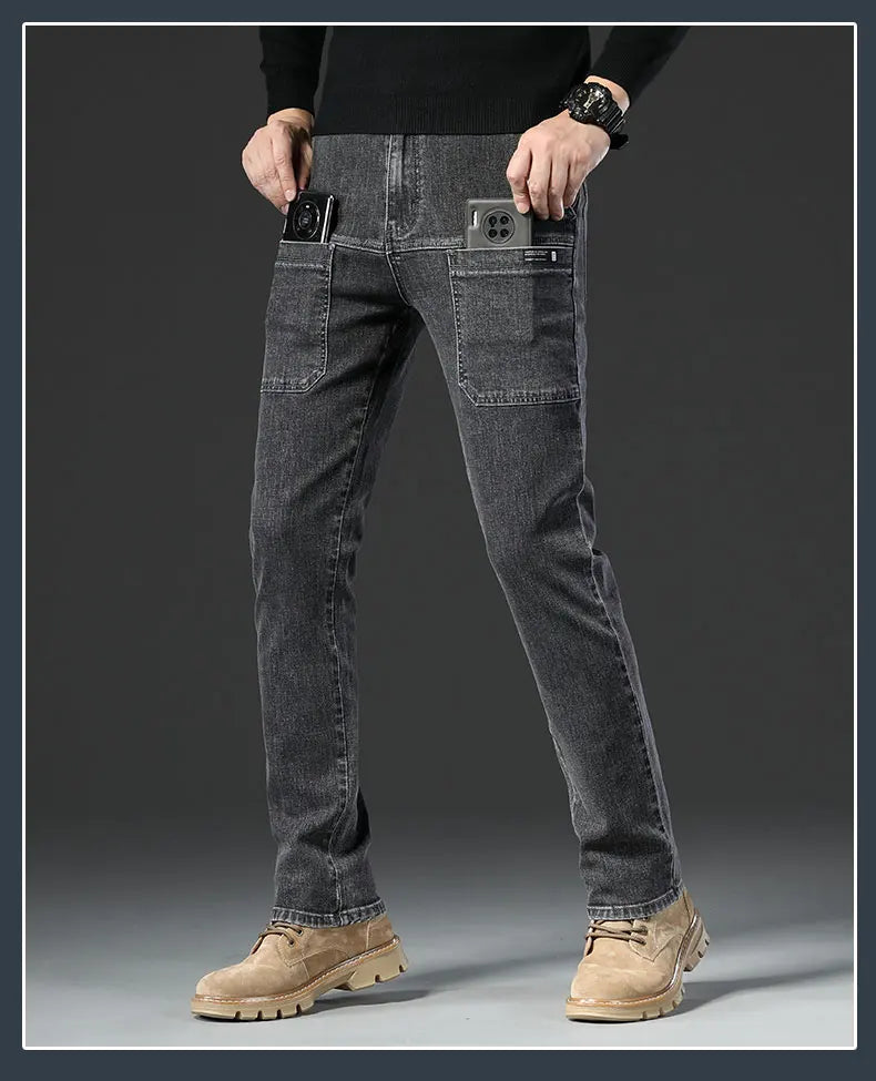6 Pocket Design Denim Jeans Men's 2025 New High Elasticity Denim Casual Trousers Straight Male Pants Fashion Mid-waist Jeans
