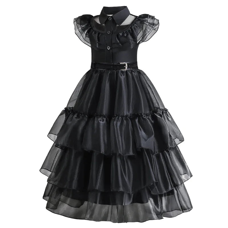 2026 Halloween Festival Popular Black Dress Girls Cosplay Short Sleeve Ruffles Clothing With Belt + Accessories Set Gift