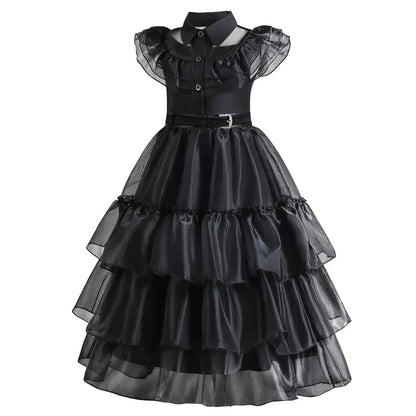 2026 Halloween Festival Popular Black Dress Girls Cosplay Short Sleeve Ruffles Clothing With Belt + Accessories Set Gift