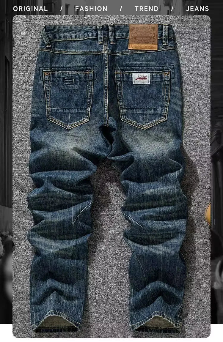 Spring Autumn Trendy Vintage Washed Jeans Men's Loose Straight Leg Fashionable Youth Casual Cotton Denim Anti-Bacterial