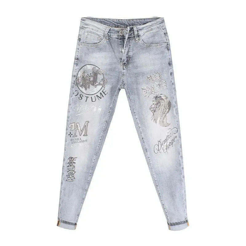 New Slim Fit Casual Jeans with Heavy Duty Ironing Drills Prints Branded Korean Style Clothes for Men Streetwear Washed Jeans