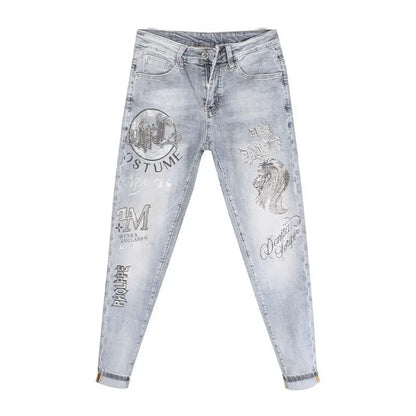 New Slim Fit Casual Jeans with Heavy Duty Ironing Drills Prints Branded Korean Style Clothes for Men Streetwear Washed Jeans
