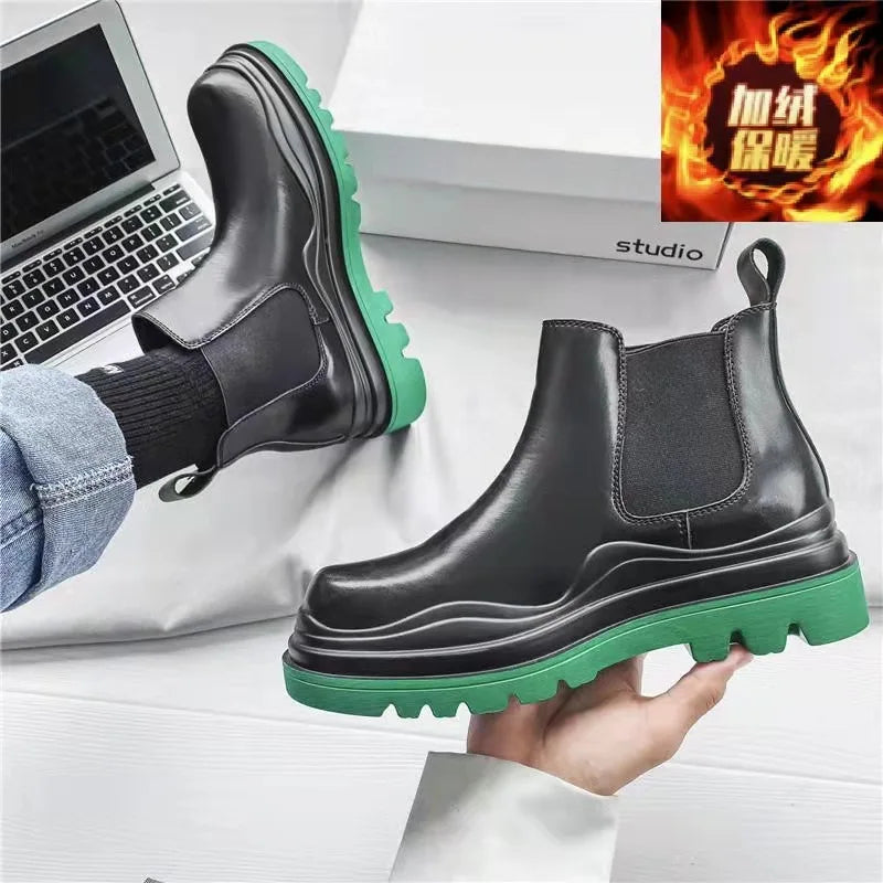 Fashion Mens Sheoes Platform Chelsea Boots Thick Bottom Split Leather Ankle Boots Male Footwear Round Toe Short Boots