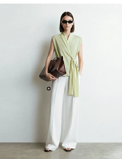 Elegant Women's Blouse 2026 Summer New V-Neck Sleeveless Chiffon Top Satin Spliced Office Flowy Shirt For Women 12642213