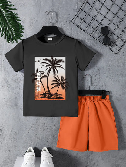 Summer Big Kids 2pcs Set Hawaii Beach Coconut Tree Letter Print Knitted Loose Short Sleeve with Workwear Shorts Ensemble
