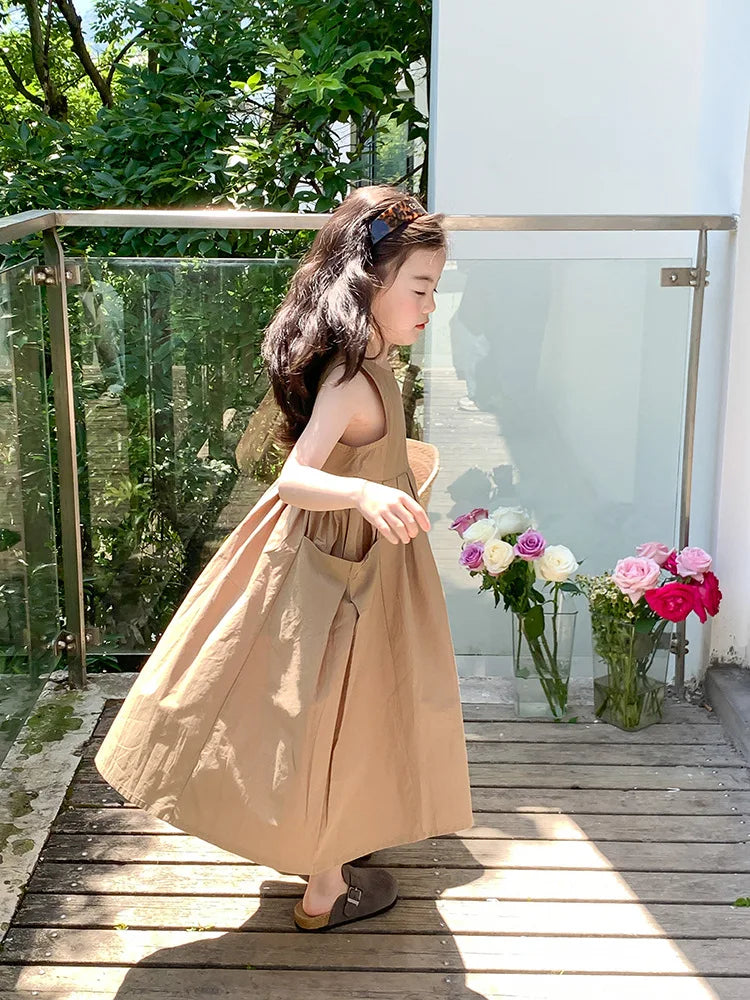 2026 New Summer Children Girls Sleeveless Dress Teen Solid Color Cotton Loose Casual Sundress Kids Vacation Style Princess Dress