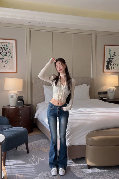High Waist Sexy Split Denim Jeans Long Leg Lengthening Bell Bot Cotton Stretch Denim Pants for Women Spring Autumn