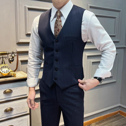 5XL-M( Vest + Pants) High-end Brand stripe Suit Vest 2 pieces Men Luxury Fashion Groom Wedding Vest Set Male Club Party Clothing