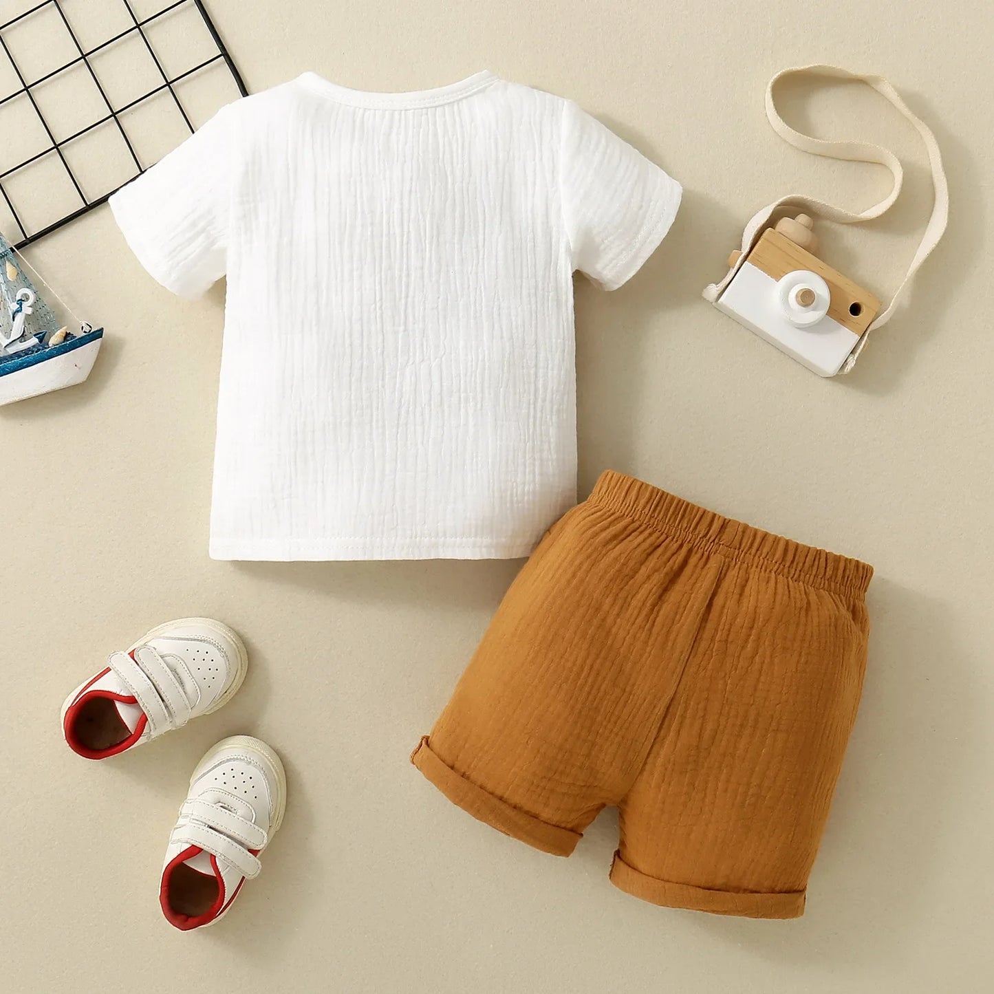 Infant Boys round Neck Color Block Short Sleeve Shorts Set Baby Boy Outfit Toddler Clothing Ensemble