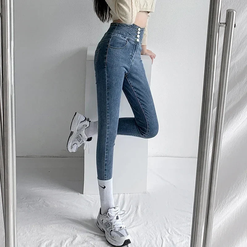 Skinny Pencil Y2K Jeans Four Buttons Vintage High Waist Women Slim Stretch Denim Pants Tight Trousers 2025 Women's Denim Pants