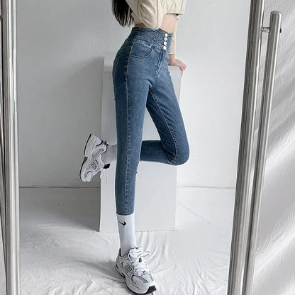 Skinny Pencil Y2K Jeans Four Buttons Vintage High Waist Women Slim Stretch Denim Pants Tight Trousers 2025 Women's Denim Pants