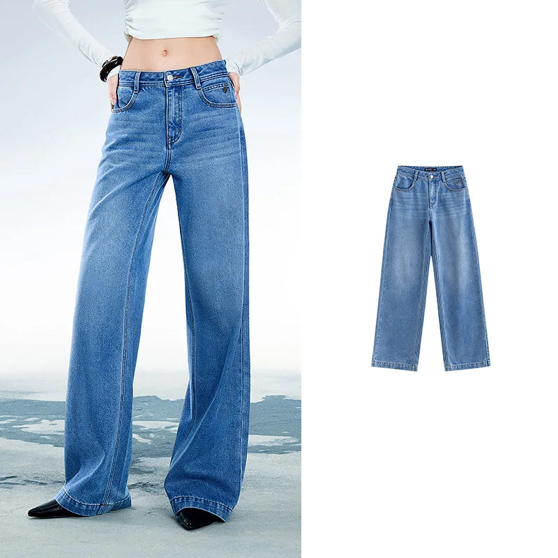 Women Denim Jeans 2025 Spring New Acetate Wide Leg Mid Low Waist Slim Fit Straight Wide Leg Pants