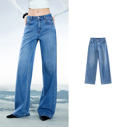 Women Denim Jeans 2025 Spring New Acetate Wide Leg Mid Low Waist Slim Fit Straight Wide Leg Pants
