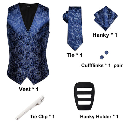 Men's Silk Vests Fashion Dark Green Floral Jacquard Handkerchief Cufflinks Necktie Sleeveless Wistcoat Sets Wedding Party