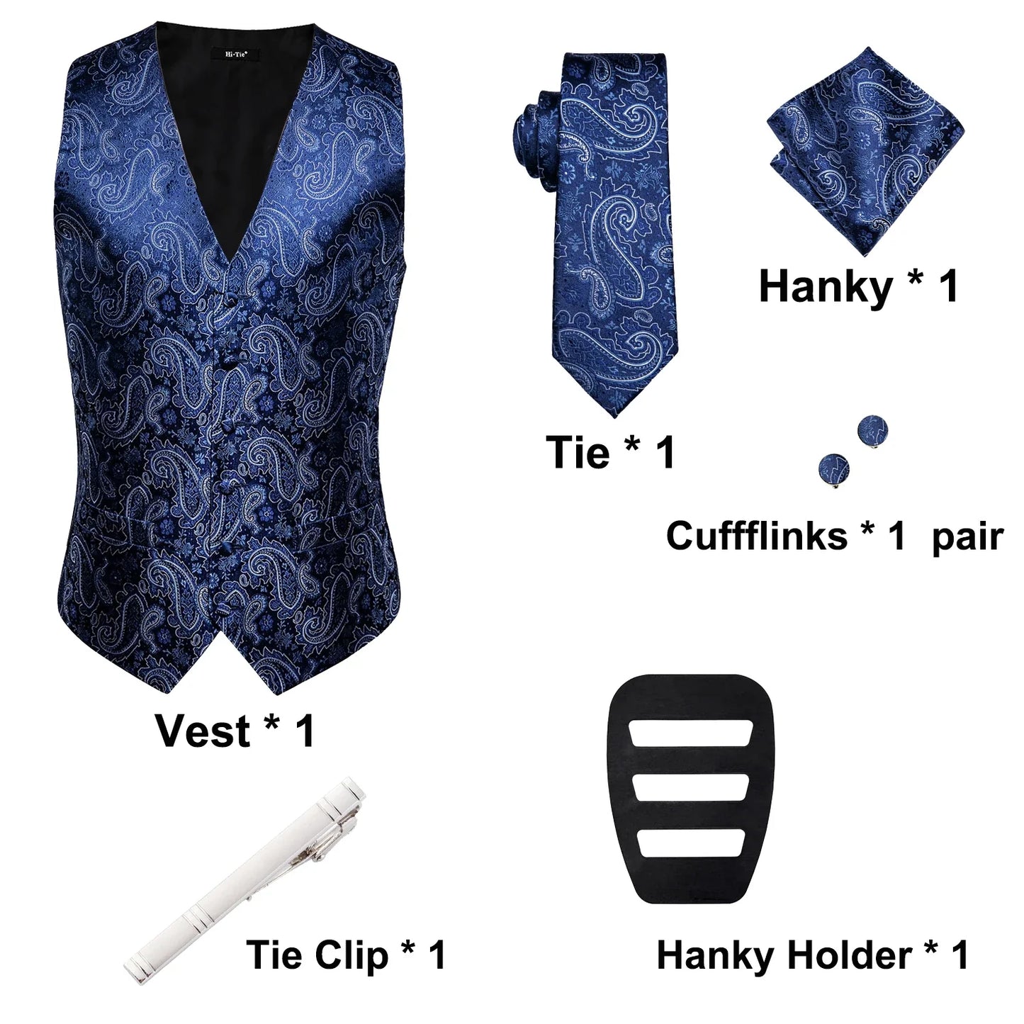 20 Color Men's Vests Tie Business Formal Dress Slim Sleeveless Jacket 4PC Hanky Cufflink Blue Paisley Suit Waistcoat