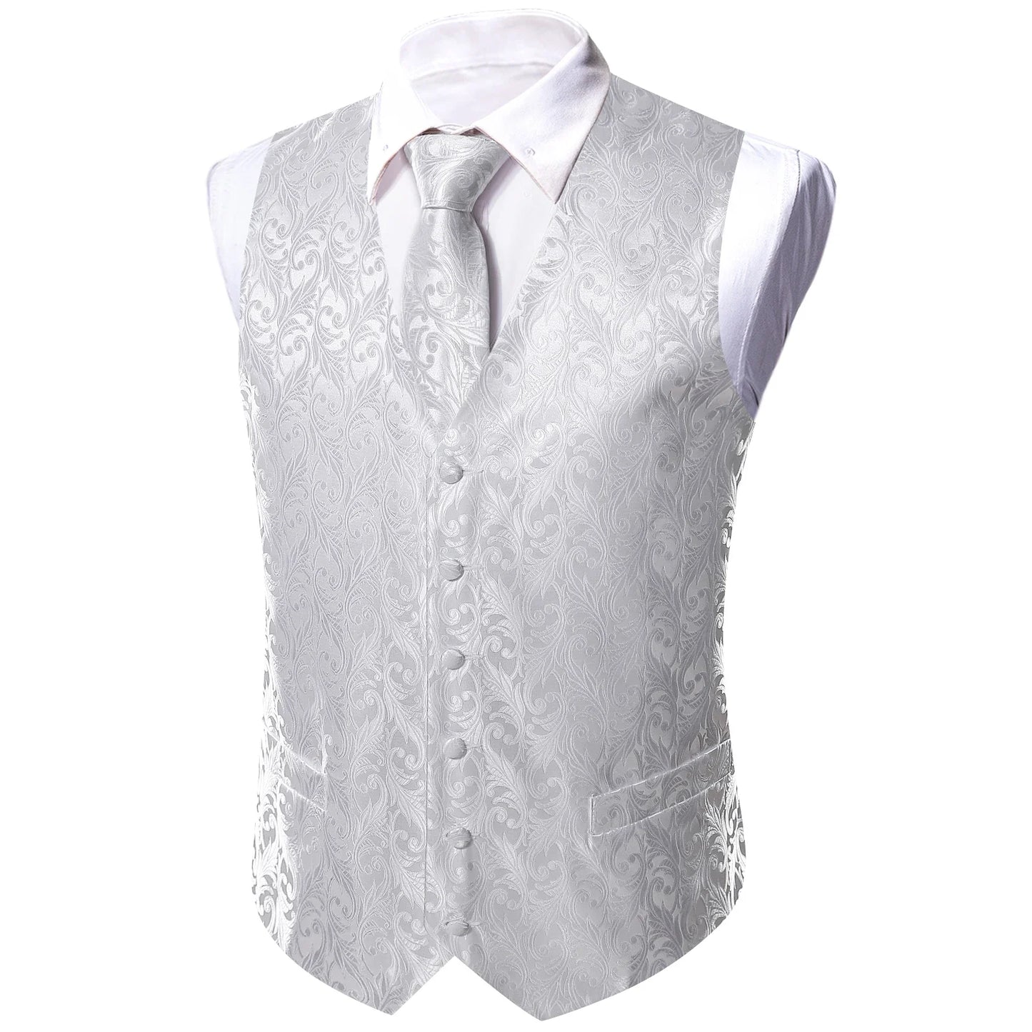 White Scroll Pattern V-Neck Waistcoat 4-In-1 Kit Tie Square Cufflinks For Bridal Shower Outdoor Wedding