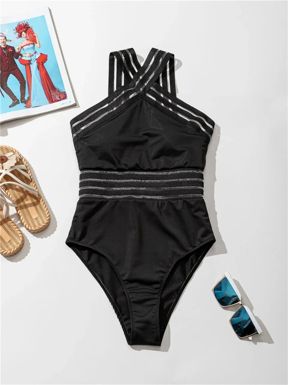 Solid Mesh Tape Swimsuit 2026 One Piece Sexy High Neck Swimwear Women Cross Front Bathing Suit Female Padded Beachwear Bodysuit