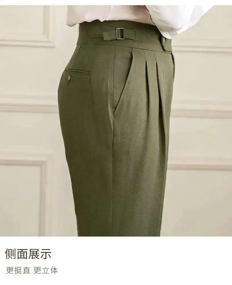Linen Cotton High Waist Straight Casual Pants Men Versatile Naples Gentleman Pleated Pants High Quality Italian Dress Trousers