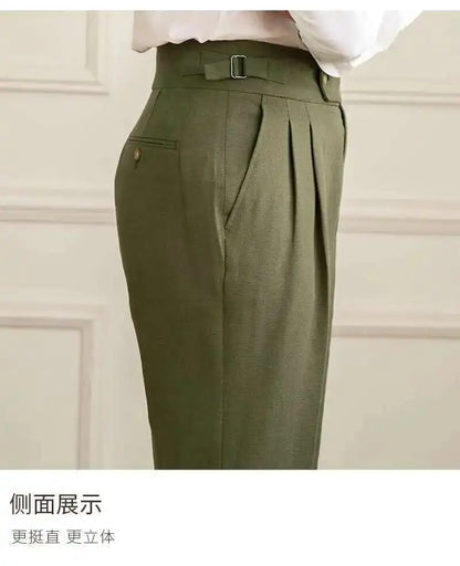 Linen Cotton High Waist Straight Casual Pants Men Versatile Naples Gentleman Pleated Pants High Quality Italian Dress Trousers
