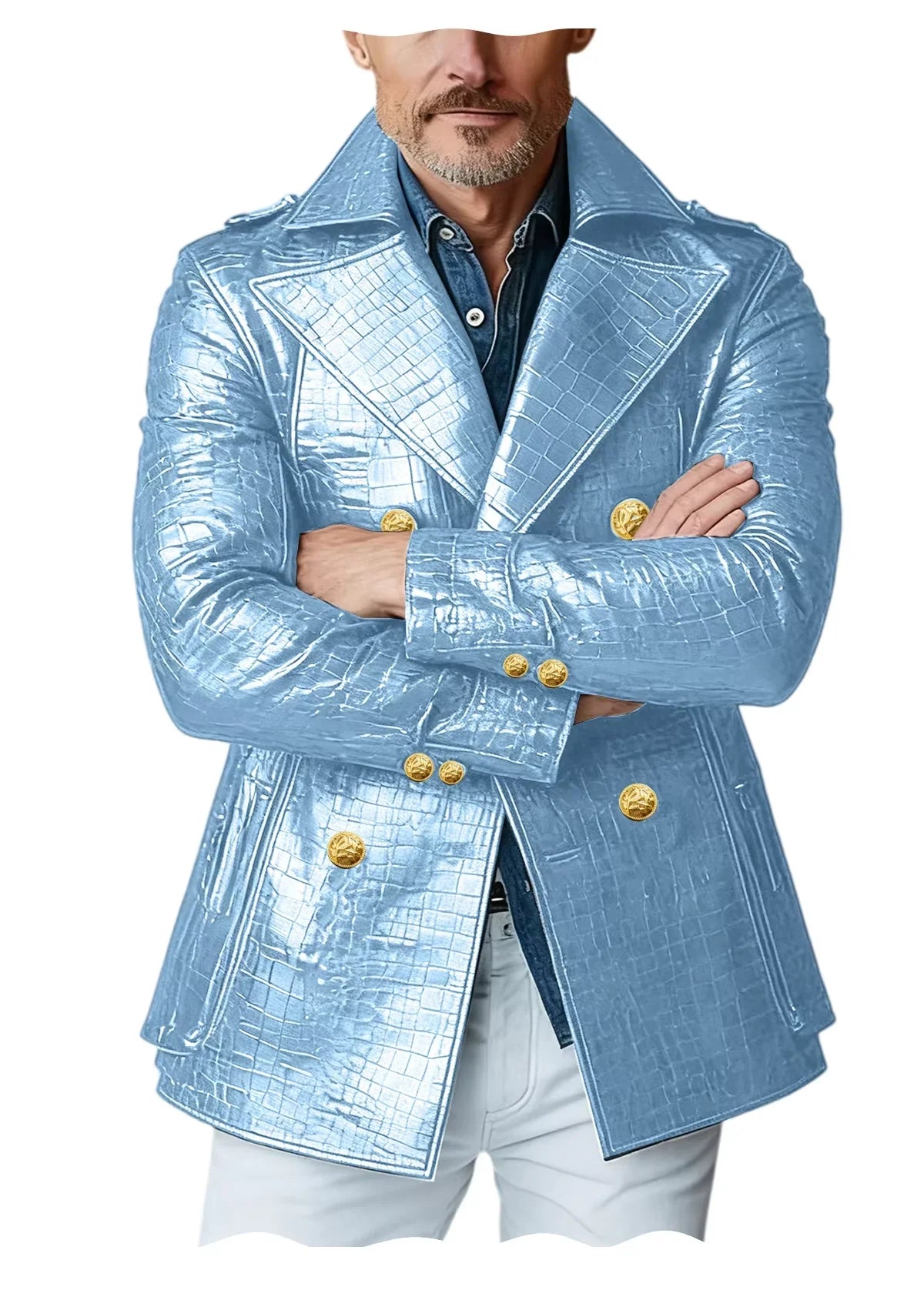 Men's Crocodile Embossed Leather Peacoat Double Breasted Gold Button Jacket Luxury Casual Overcoat