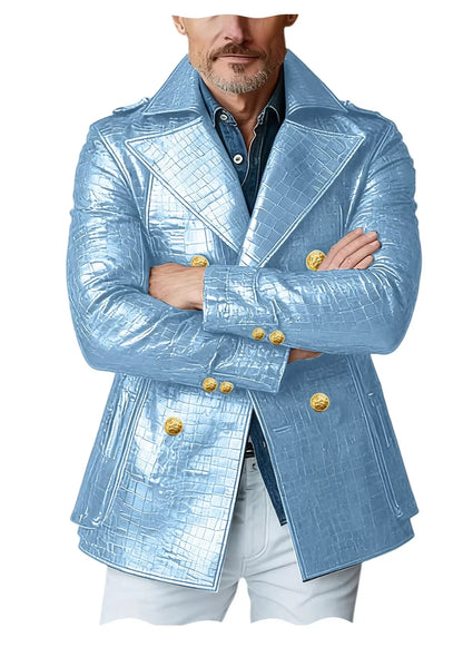 Men's Crocodile Embossed Leather Peacoat Double Breasted Gold Button Jacket Luxury Casual Overcoat