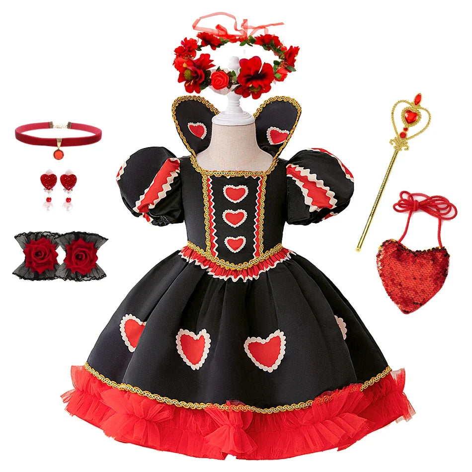 Halloween Red Queen Costume Girls Queen of Hearts Costume with Heart Details Stand Collar Red Black White Carnival Dress