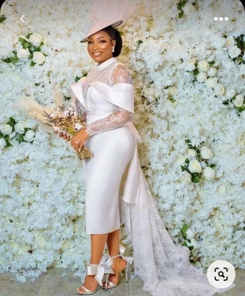 Elegant White Short Wedding Dresses Mermaid Lace Long Sleeves Tea Length Satin Classic African Women Prom Bridal Party Gown 2024