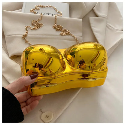 Party Purse Chest Shape PVC Bag For Women 2025 Mini Crossbody Bag Metal Chain Shoulder Bag Luxury Gold Silvery Lipstick Pouch