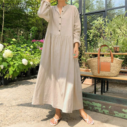 Women's Elegant Solid Cotton Robe Femme 2022 Spring Autumn Bohemian Maxi Dress ZANZEA Casual Long Sleeve Shirt Dresses Oversized