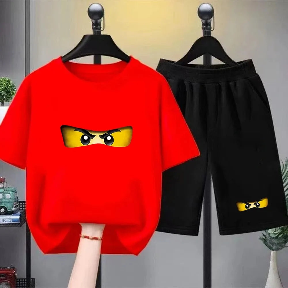 Summer T-Shirt Boyand Girls red Casual TShirt+Shorts Sets ninja Printed Kids Outfits Teen Children's Short Sleeve Tops