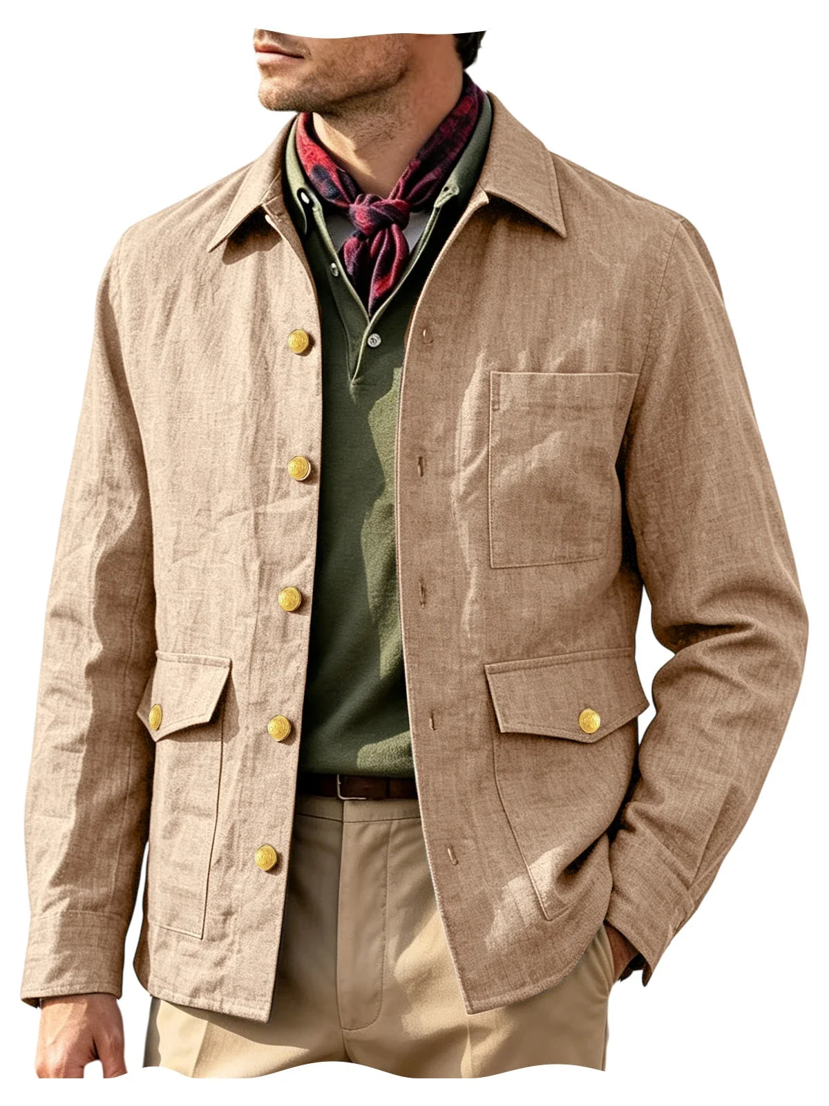 Vintage Men's Linen Jacket Lapel Collar Gold Button Casual Slim Fit Coat Lightweight Breathable for Formal Daily Office Wear