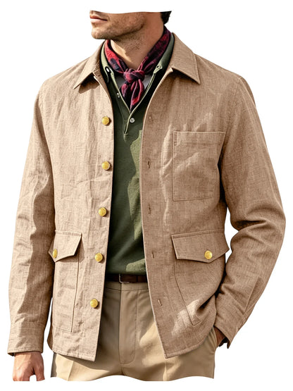 Vintage Men's Linen Jacket Lapel Collar Gold Button Casual Slim Fit Coat Lightweight Breathable for Formal Daily Office Wear