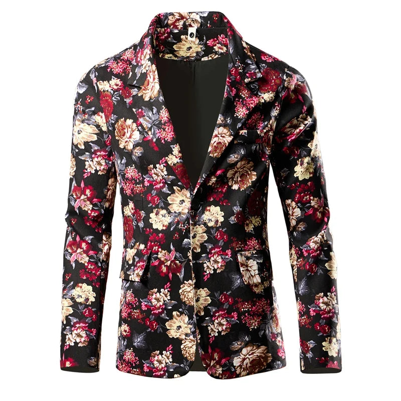 2026 Thin Men's Black Printed Suit Jacket, Asian Size V-Neck Single Button Blazer, Red Nostalgic Style Long Sleeve Cotton Coat.