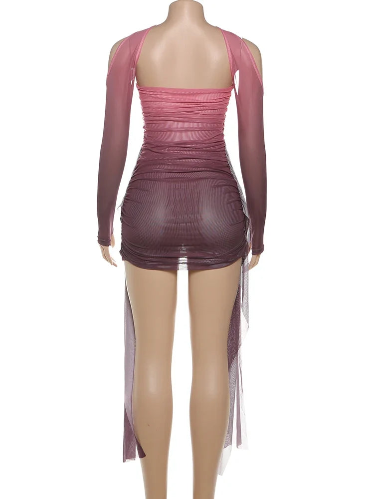 Summer Vacation Sexy See Through Dress+Shawl Women Ruched Side Ribbon Coquette Skinny Midnight Clubwear Party Bodycon