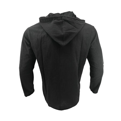 Men's Solid Color Casual Shirt, Hooded Drawstring Cotton and Linen Cardigan, Trendy and Versatile Loose Beach T-Shirt