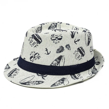 2026 Men's Breathable Straw Fedora Hat with Tropical Print UV Protection Beach Vacation Casual Jazz Cap for Summer