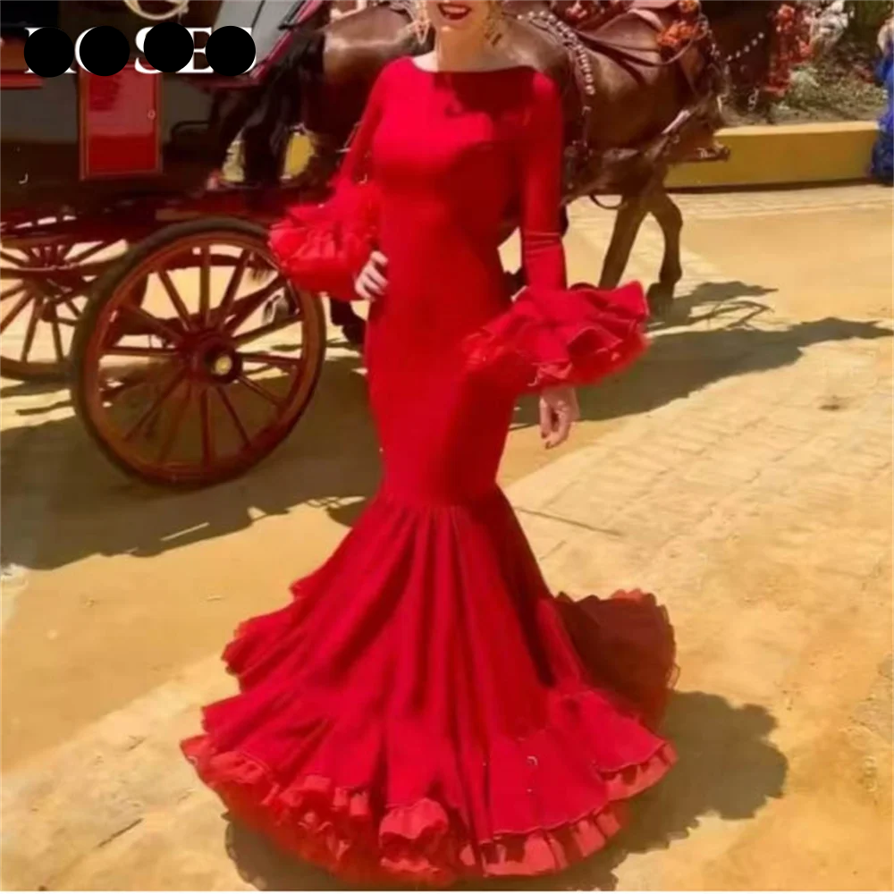 Vibrantly Red Party Dress Stunning Boat - Neck Mermaid Prom Dresses Dramatically Ruffled - Sleeve Evening Dress Customized