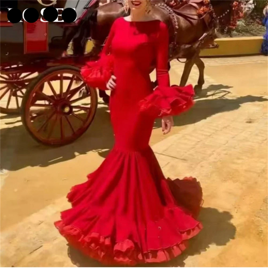 Vibrantly Red Party Dress Stunning Boat - Neck Mermaid Prom Dresses Dramatically Ruffled - Sleeve Evening Dress Customized