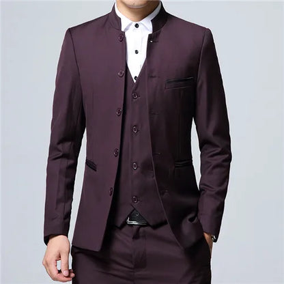 Black Stand Collar Men's 3-Piece, Wedding Party Blazer Jacket and Vest with Pants, Blue Asian Size Slim Fit Sets.