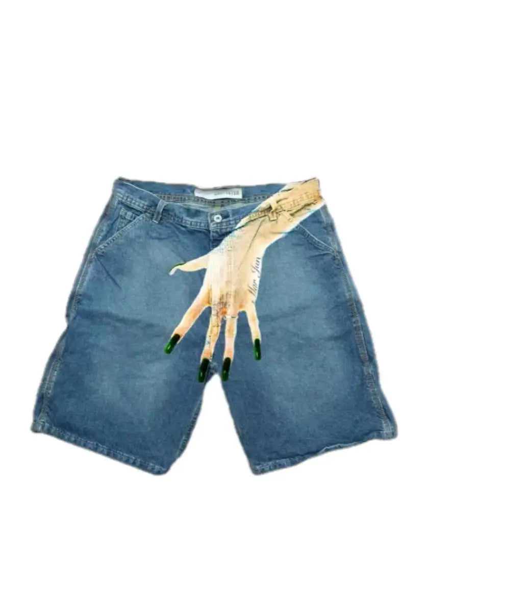 Deeptown Y2k Vintage Harajuku Denim Shorts Women Washed Letter Embroidery Tassels American Retro Jeans Man Baggy Hip Hop Jorts
