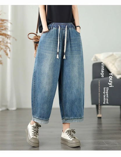Casual High Waist Wide Leg Jeans Women's Loose Fit Slimming Summer Thin Sle Lantern Pants  Lyocell Fabric Water Wa