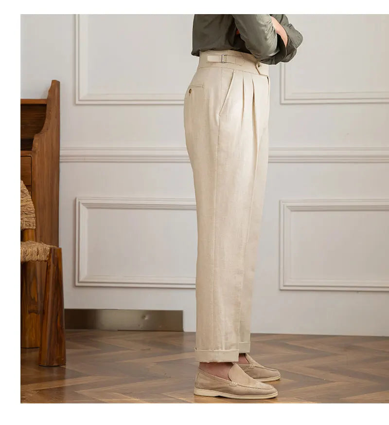 Three Gentleman Summer Naples Casual Straight Pants Men's Commuting Cotton and Linen Comfortable Breathable High Waist Pants