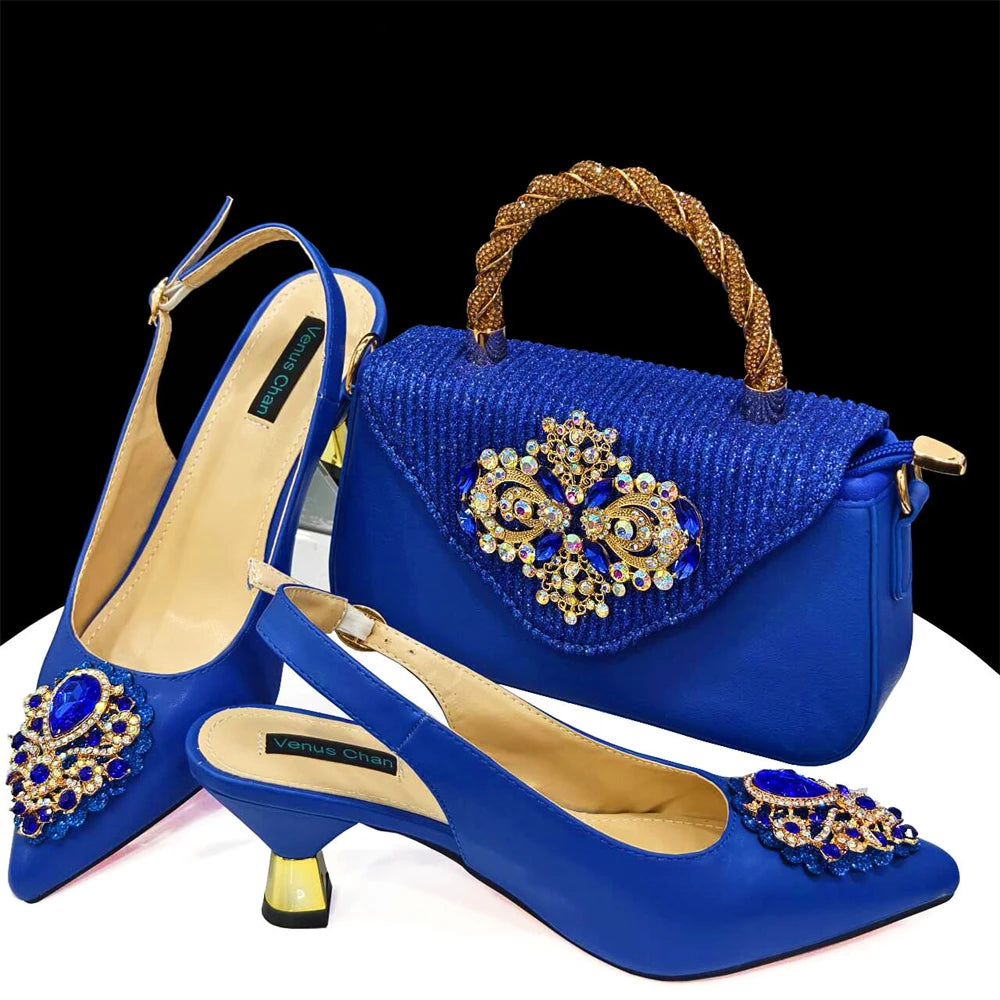 2024 Nigerian Women's Pink High Heel Frosted Crystal Shiny Rhinestone Party Italian Design Pointed Shoes And Bag Set