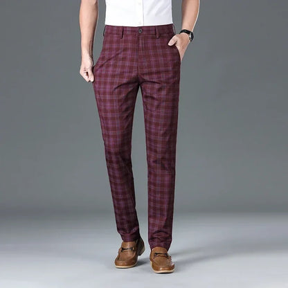 2024 Summer Classic Simple Straight Casual Pants for Men Personalized Checkered Versatile Stretch Business Casual Slim Trousers