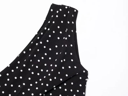 Women One Shoulder Sleeveless Polka Dot Mini Dress Ruched Waist Ruffle Hem Elegant Casual Party Short Dress Spring Summer