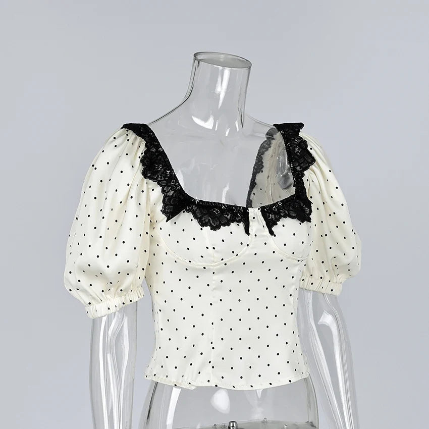 Vintage Polka Dot Square Collar Shirts Elegant Lace Puff Sleeve Woman Blouse 2026 Fashion Sexy Pullover Ladies Tops Spring