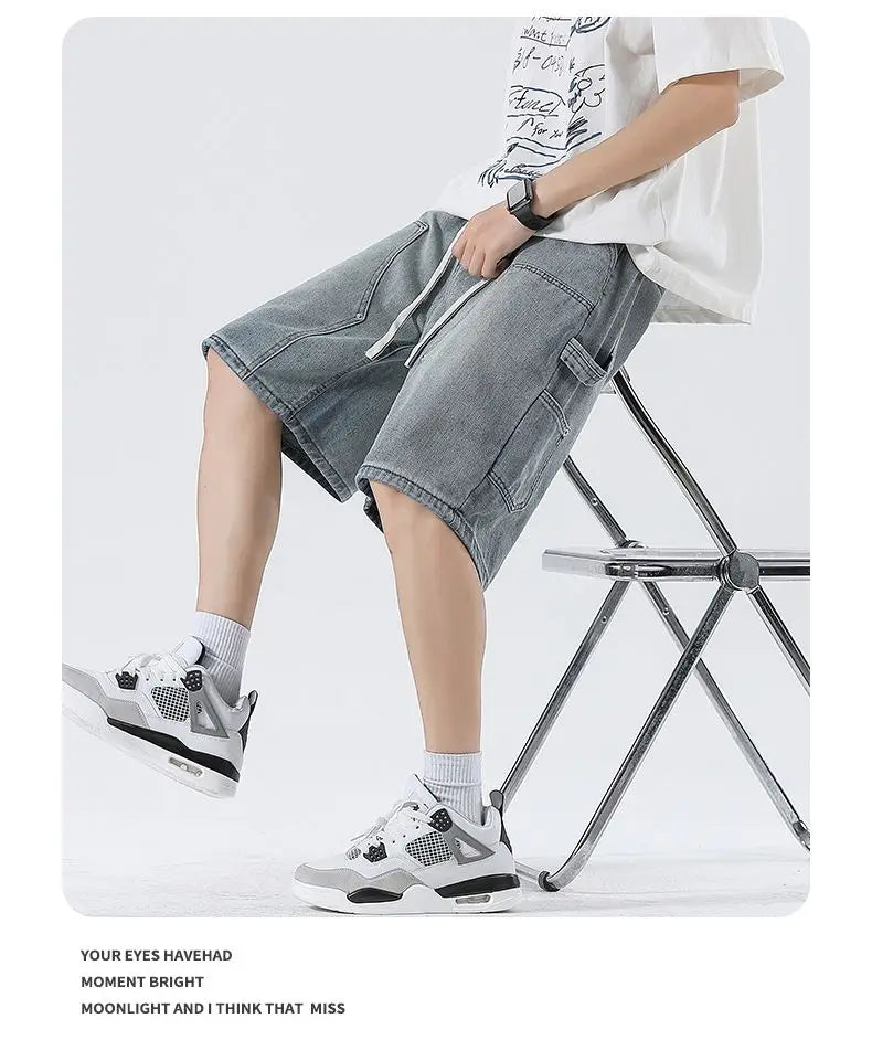 Men's Baggy Cargo Shorts Summer New Fashion Drawstring Straight Casual Jeans Streetwear Pocket Splicing Male Short Pants