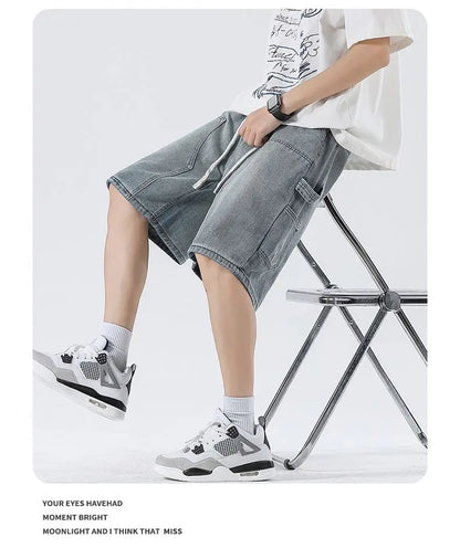 Men's Baggy Cargo Shorts Summer New Fashion Drawstring Straight Casual Jeans Streetwear Pocket Splicing Male Short Pants
